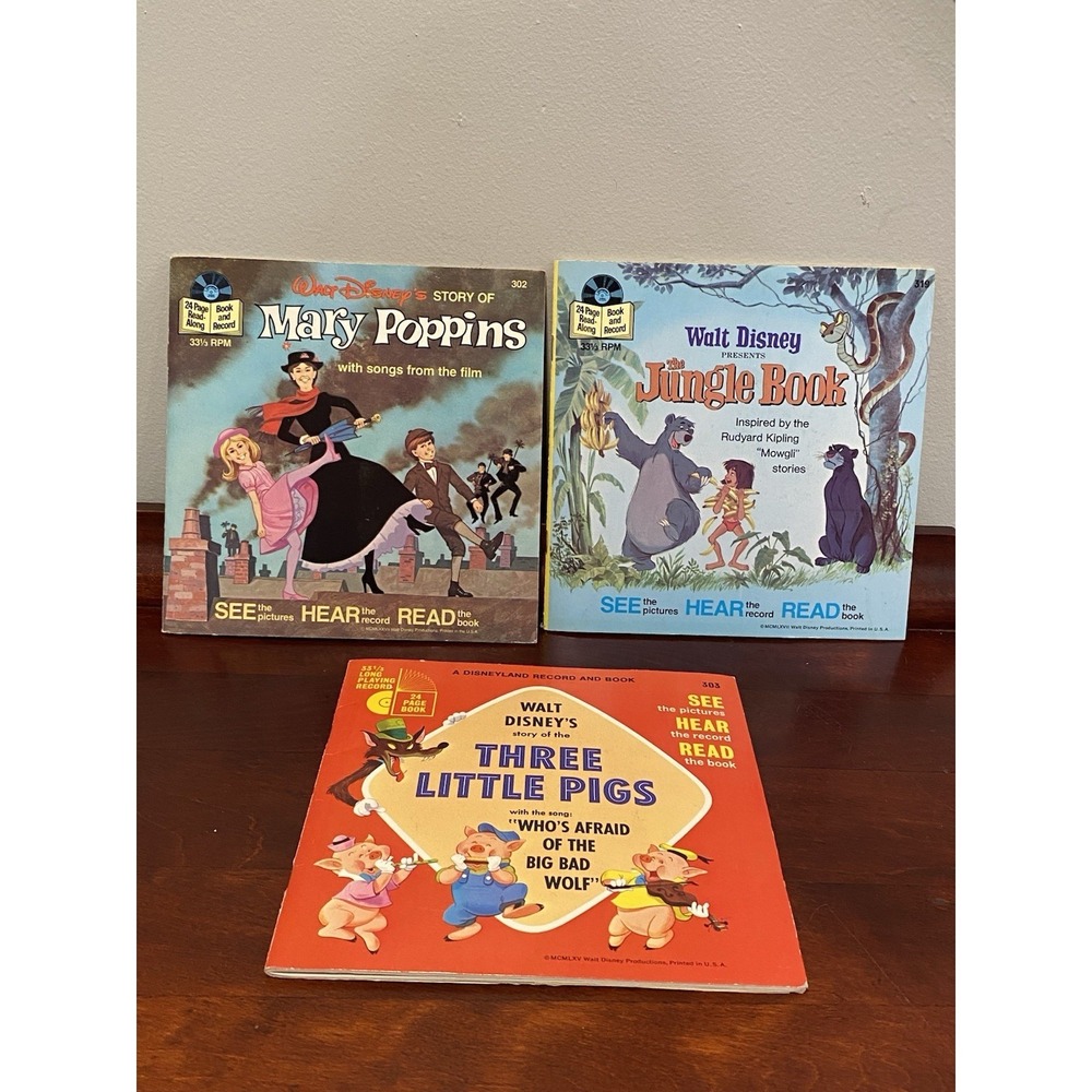 Vintage 1970s Disney Read-Along w/ Records Mary Poppins, Jungle Book, Three Pigs